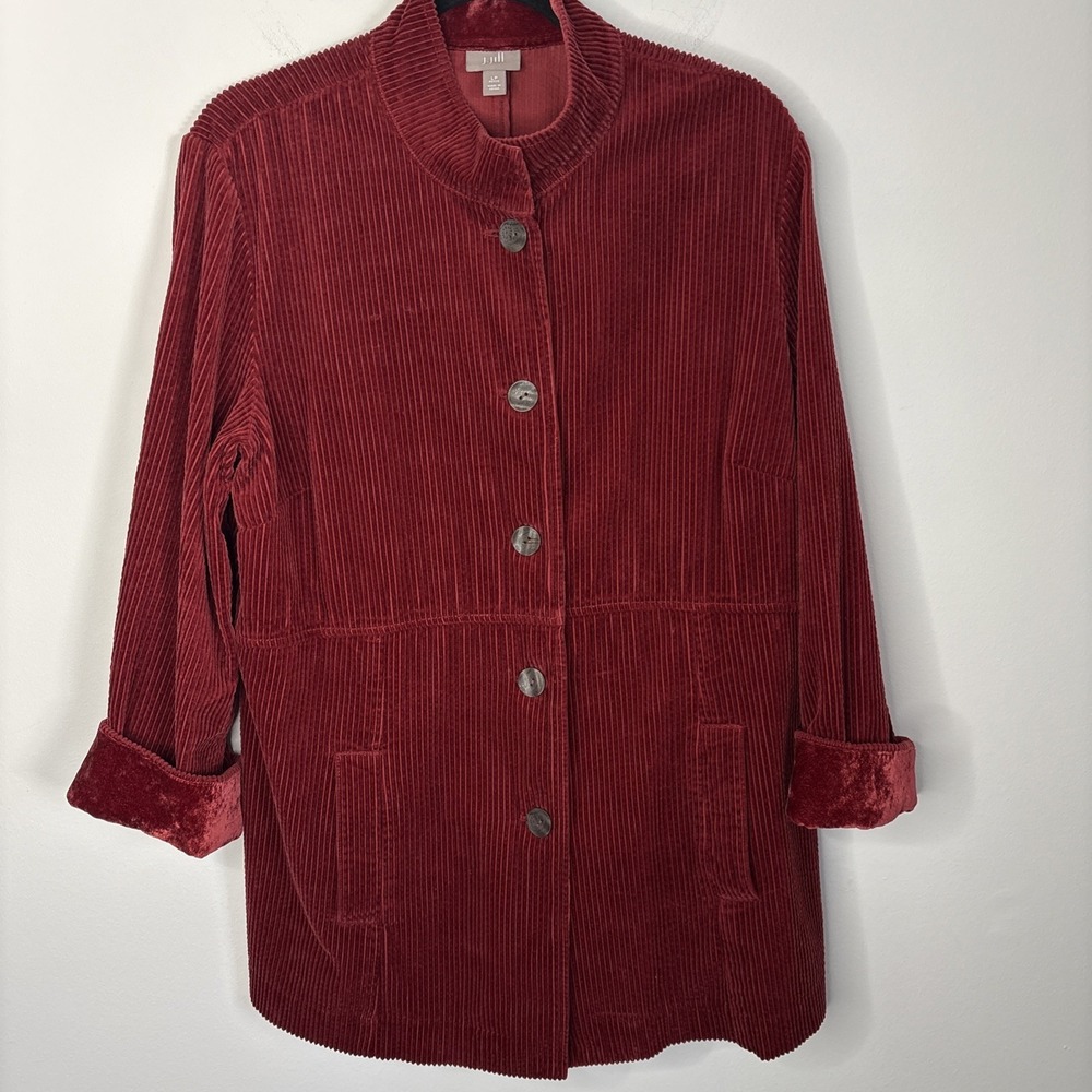 J. Jill Wide Wale Corduroy Jacket Velvet Trim Large Petite Red Barn Chore Coat